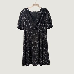 DKNY Polka Dot Wrap Dress Women 14 Black Short Sleeve V-Neck Pinup Rockability